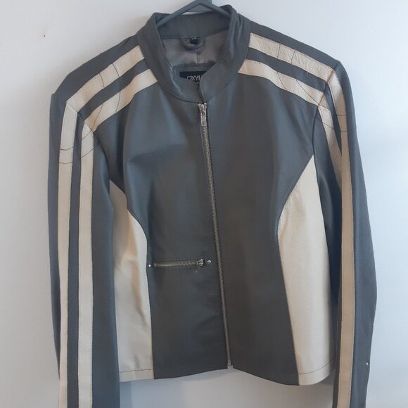 OXYHO Sorento Large Women's Genuine Leather Coat, Two-Tone Olive/Grey + Beige - Picture 3 of 16